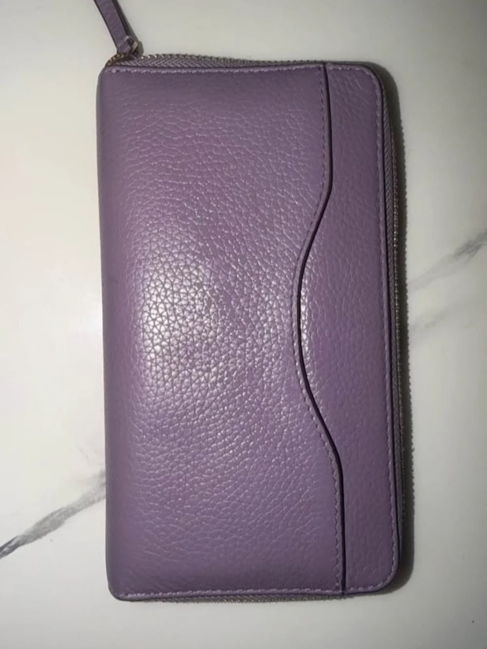 Tory Burch Lilac Pebbled Leather Zip-Around Wallet with Gold Logo